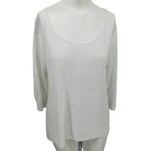 Eileen Fisher White Linen Blend 3/4 Sleeve Loose Knit Sweater Size M Petite
